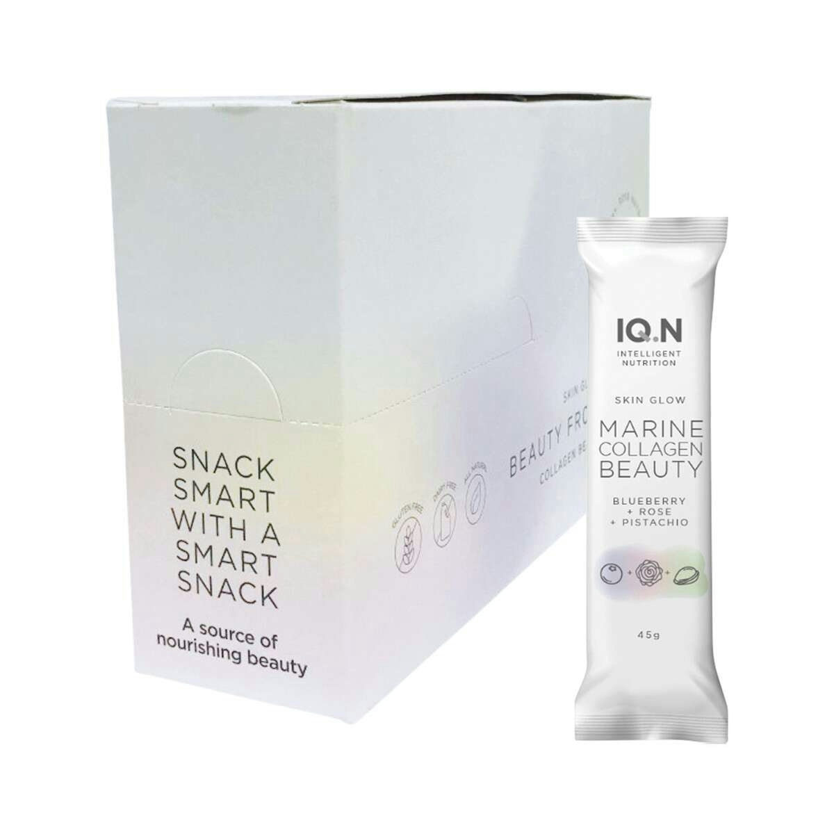 image of IQ.N Intelligent Nutrition Marine Collagen Beauty Bar (Skin Glow) Blueberry + Rose + Pistachio 45g x 10 on white background