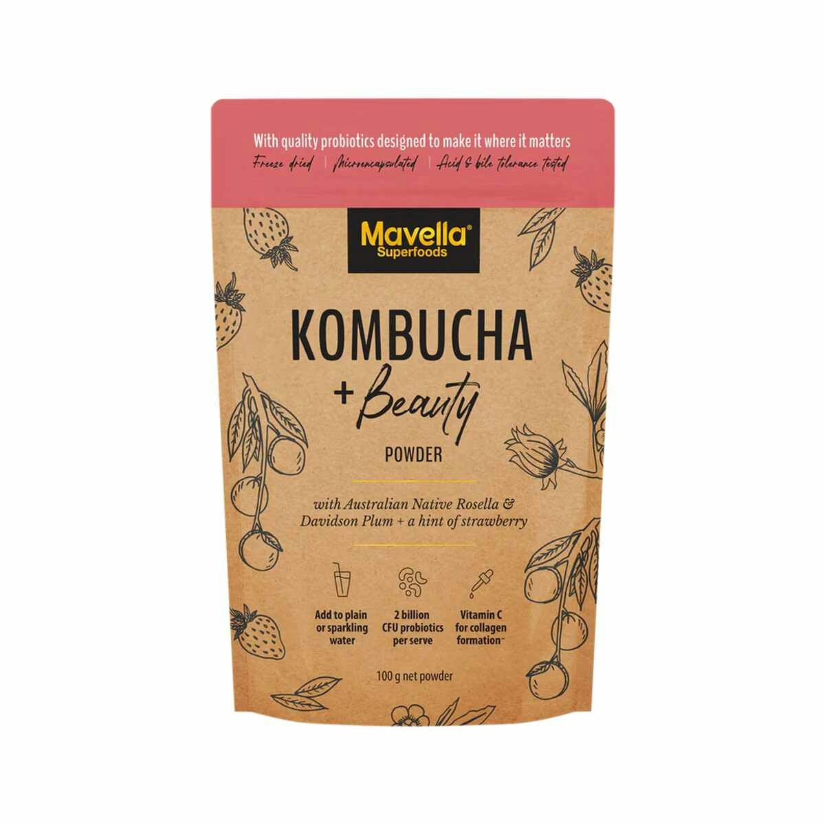 image of Mavella Superfoods Kombucha + Beauty Powder with Australian Native Rosella & Davidson Plum & Strawberry 100g on white background