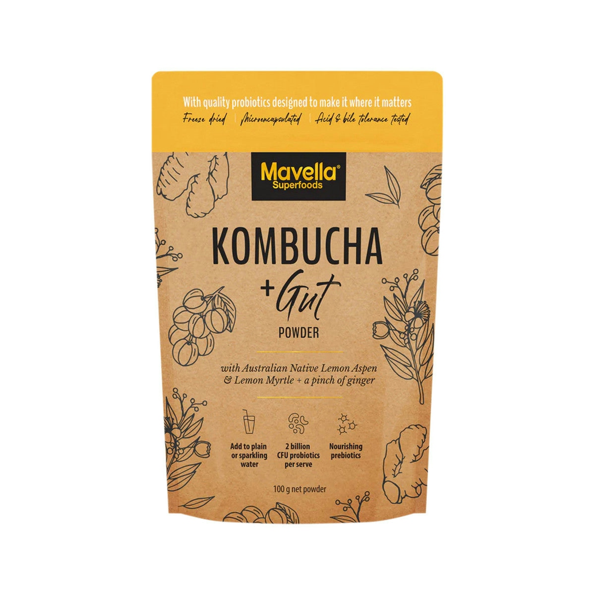 image of Mavella Superfoods Kombucha + Gut Powder with Australian Native Lemon Aspen & Lemon Myrtle & Ginger 100g on white background