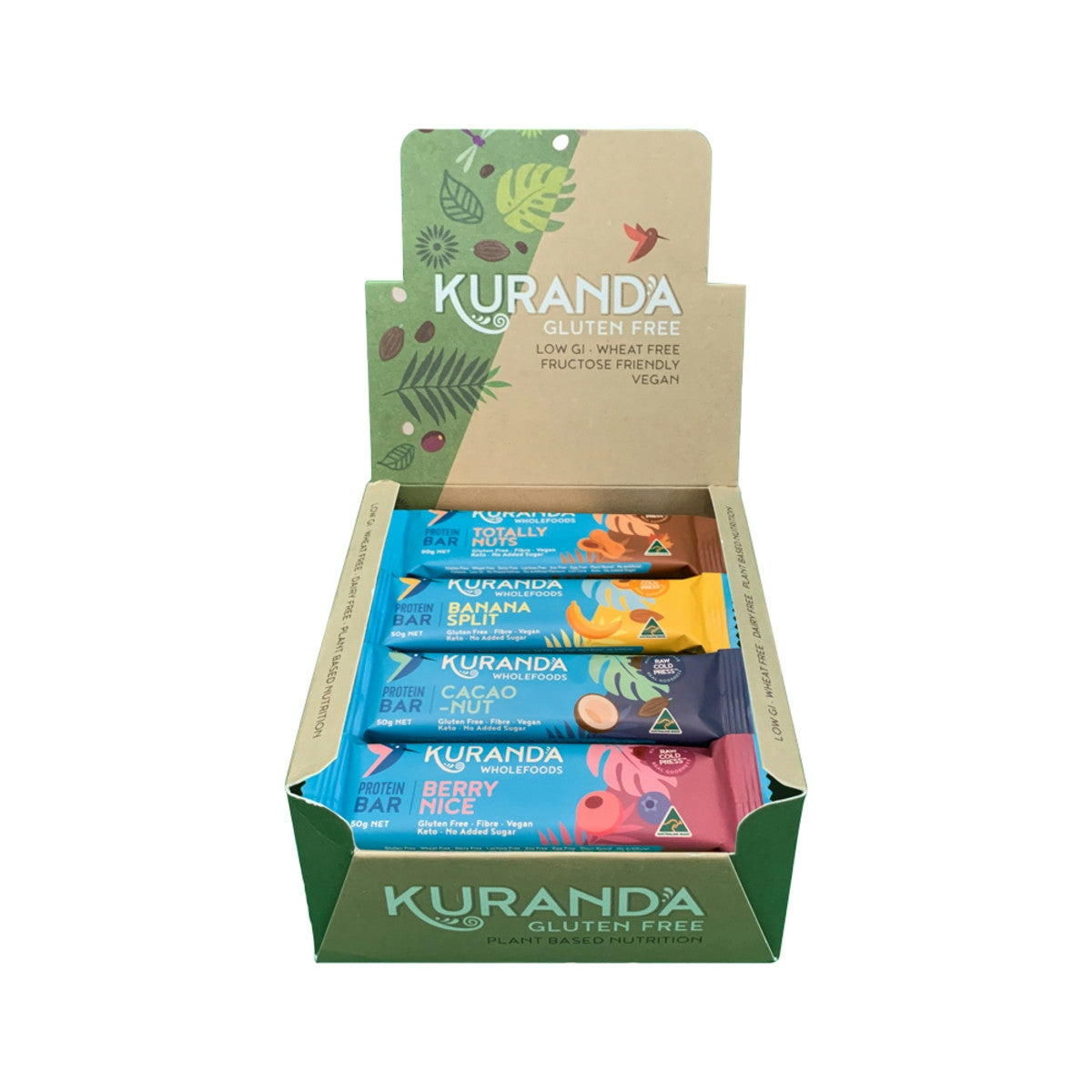 image of Kuranda Wholefoods Gluten Free Protein Bars Mixed 50g x 16 Display (contains: 4 of each flavour) on white background
