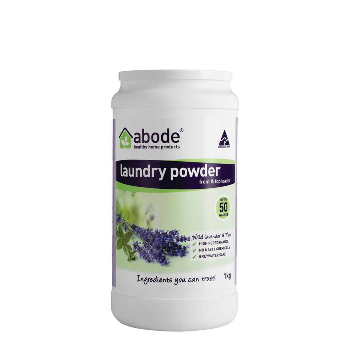 image of Abode Laundry Powder (Front & Top Loader) Wild Lavender & Mint 1kg on white background