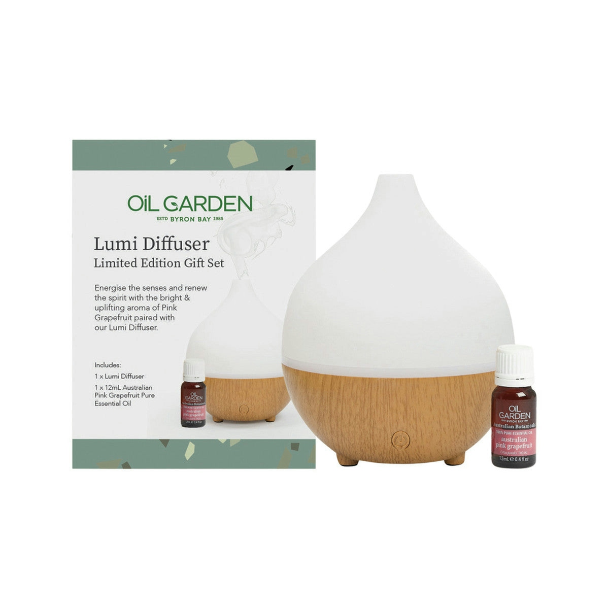 image of Oil Garden Lumi Ultrasonic Diffuser with Pure Essential Oil Australian Pink Grapefruit 12ml on white background