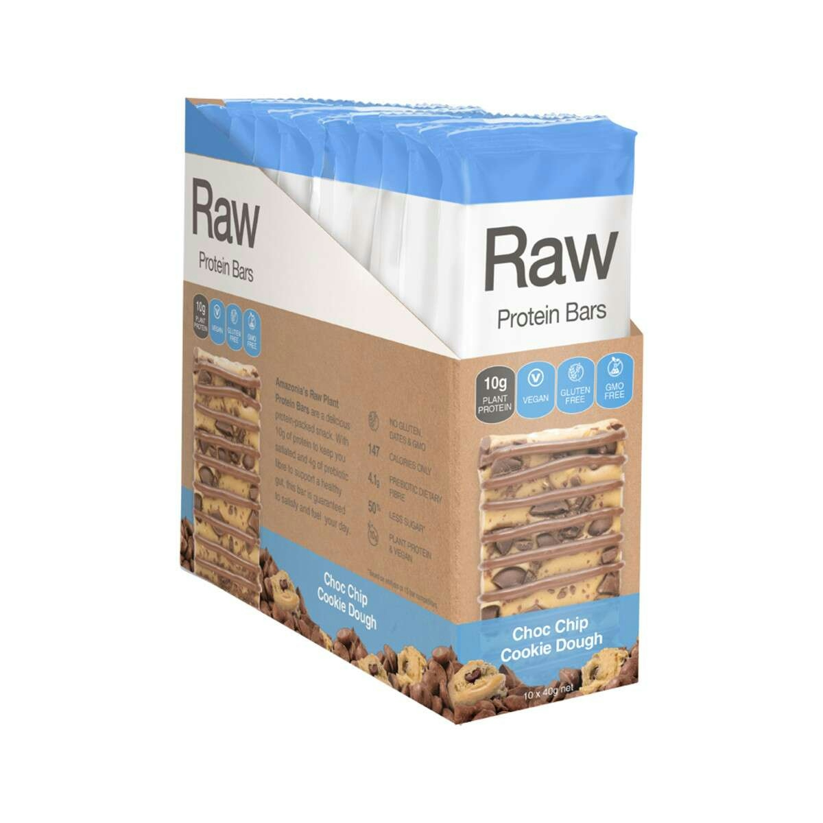 image of Amazonia Raw Protein Bar Choc Chip Cookie Dough 40g x 10 Display on white background