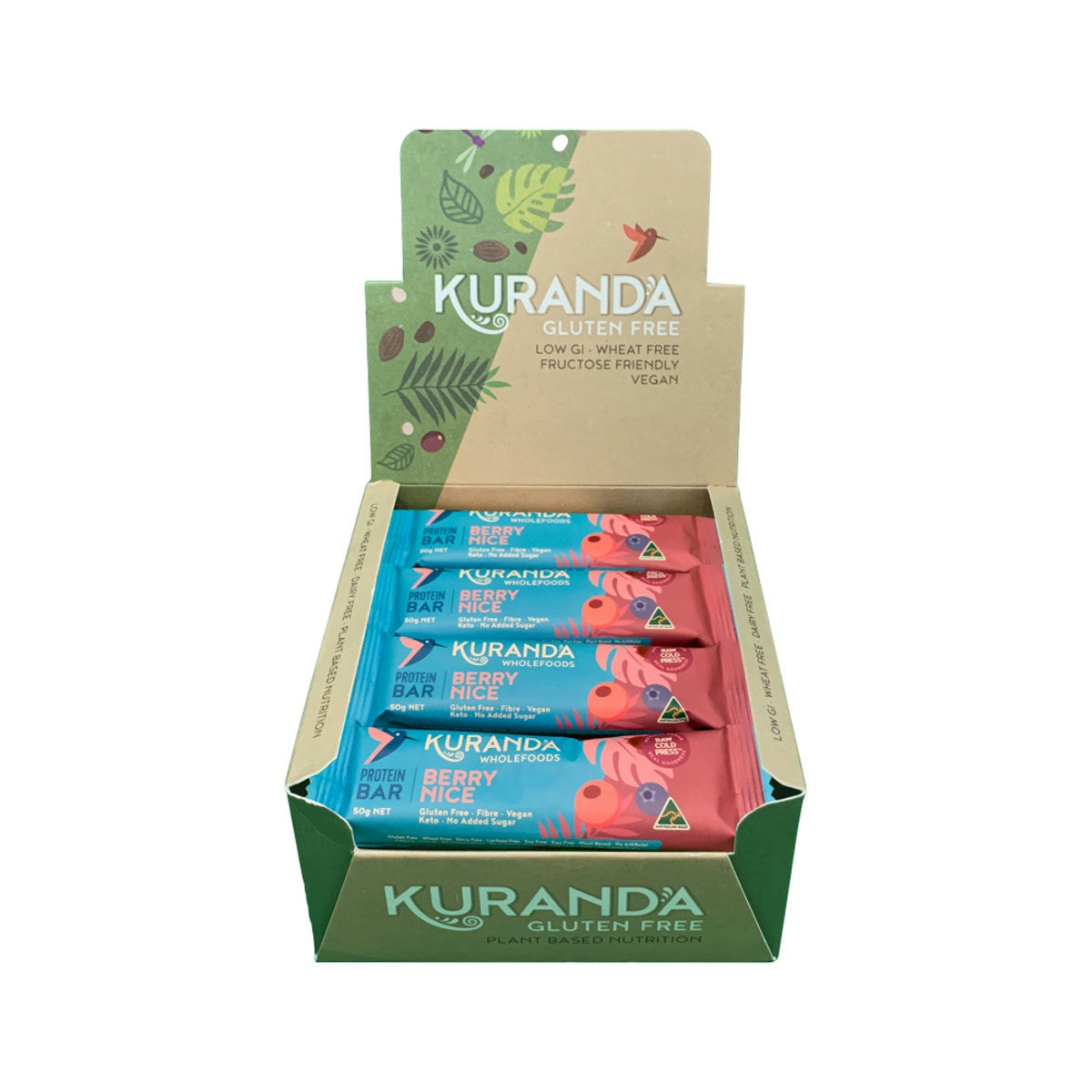 image of Kuranda Wholefoods Gluten Free Protein Bars Berry Nice 50g x 16 Display on white background
