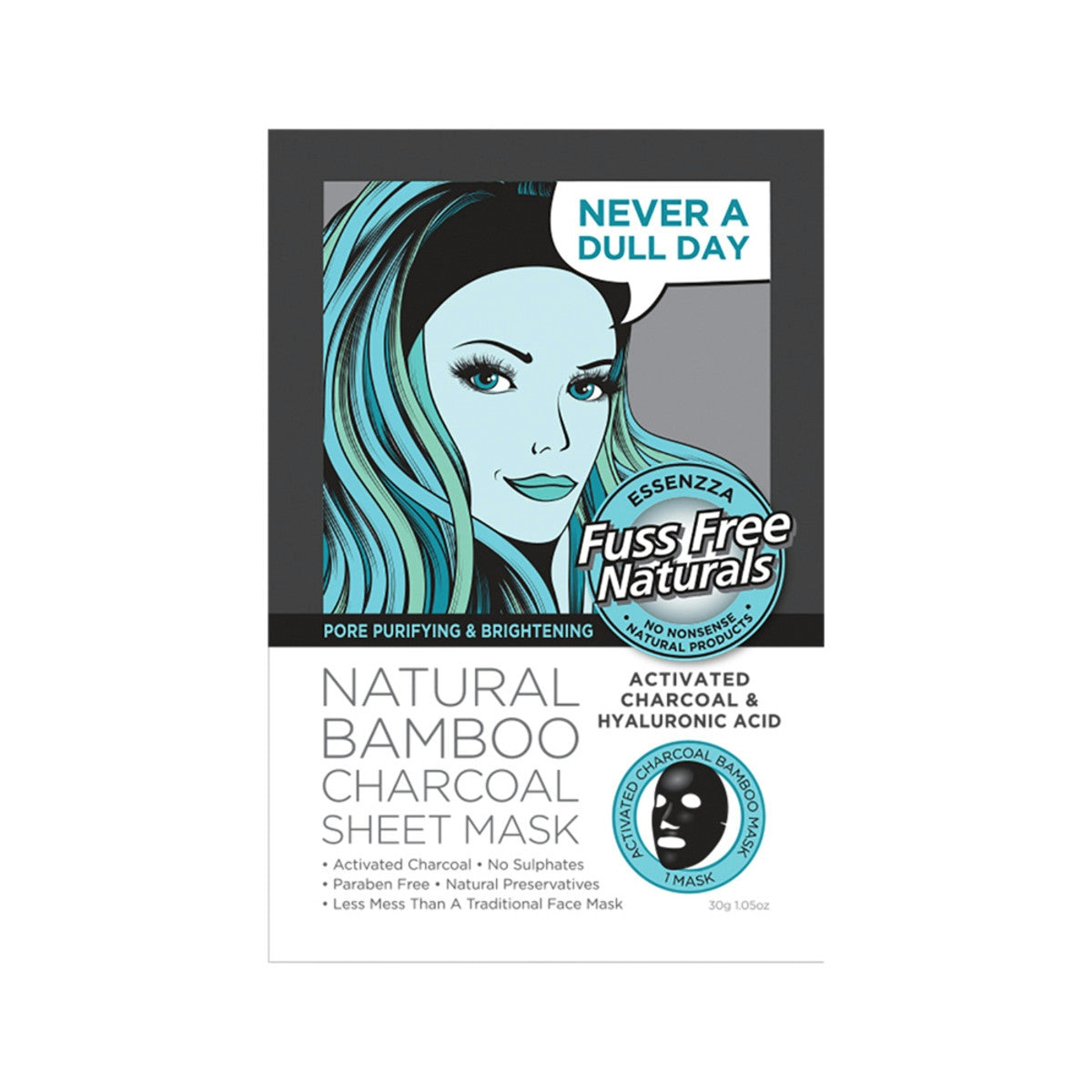 image of Essenzza Fuss Free Naturals Bamboo Facial Mask Activated Charcoal & Hyaluronic Acid on white background