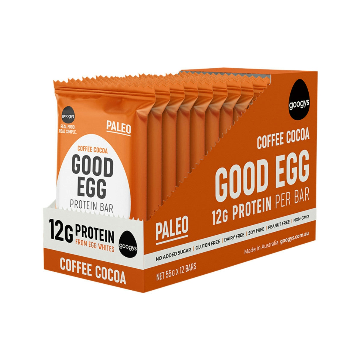 image of Googys Good Egg Protein Bar Coffee Cocoa 55g x 12 Display on white background