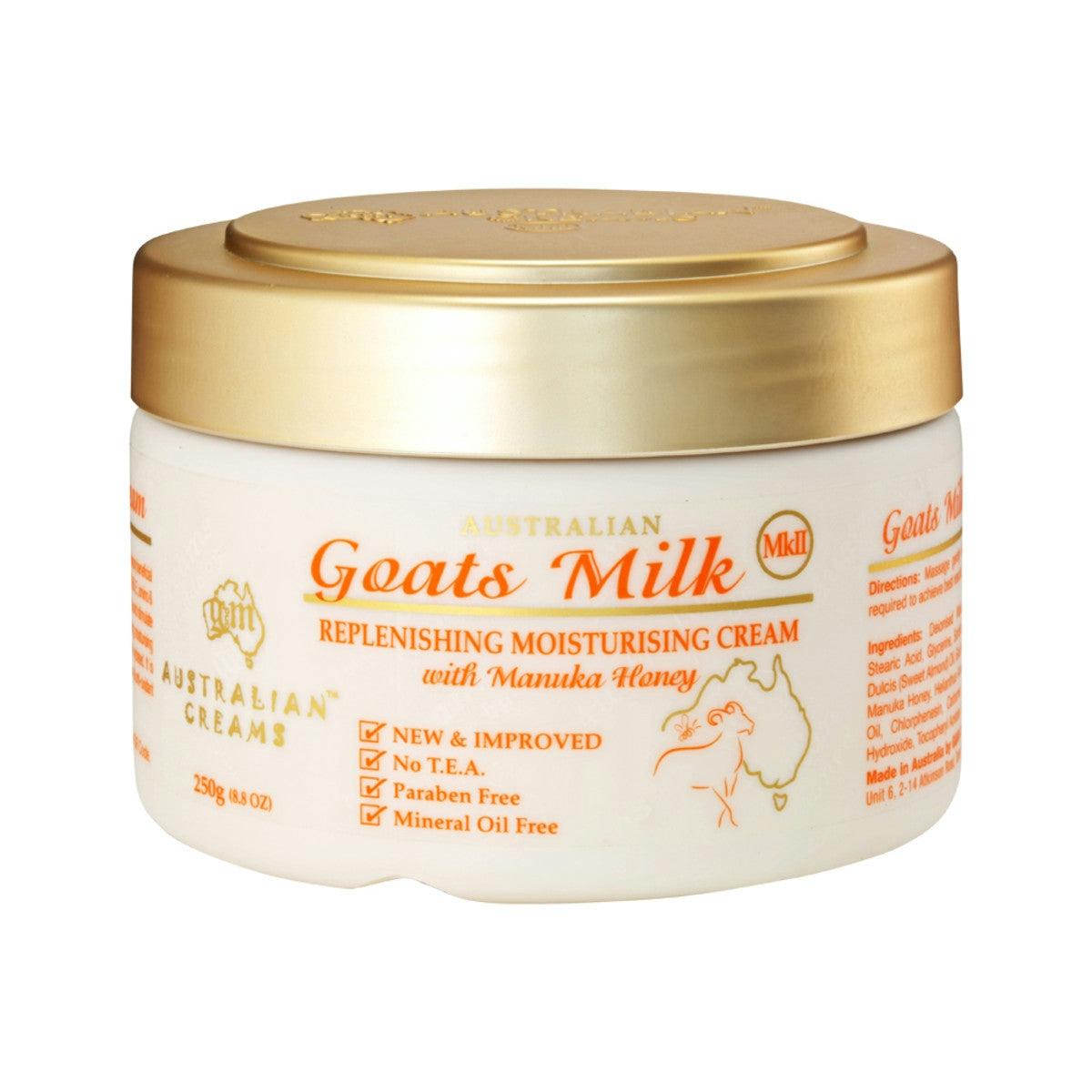 images of Australian Creams MkII Goats Milk Replenishing Moisturising Cream with Manuka Honey 250g on white background