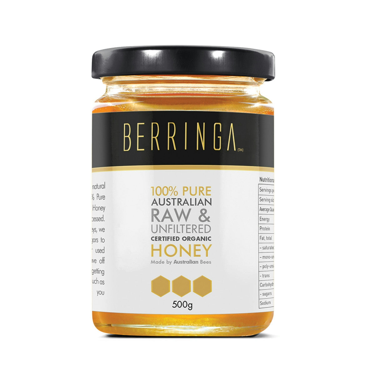 image of Berringa 100% Pure Australian Raw & Unfiltered Organic Honey 500g on white background