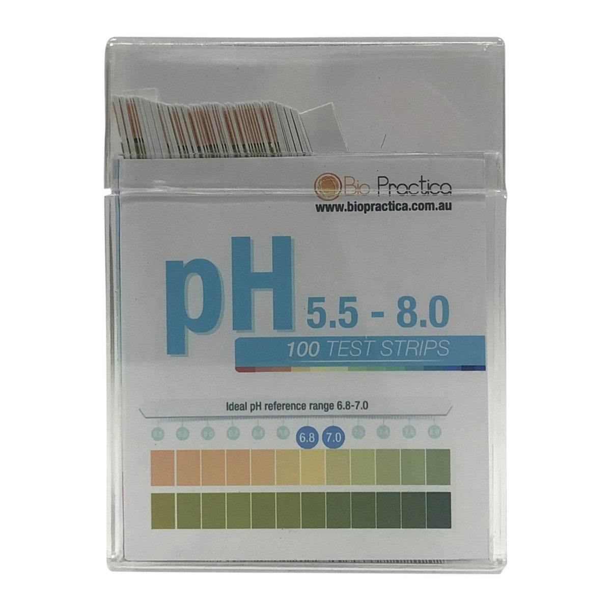 image of Bio-Practica pH Test Strips (5.5 - 8.0) x 100 Pack on white background 