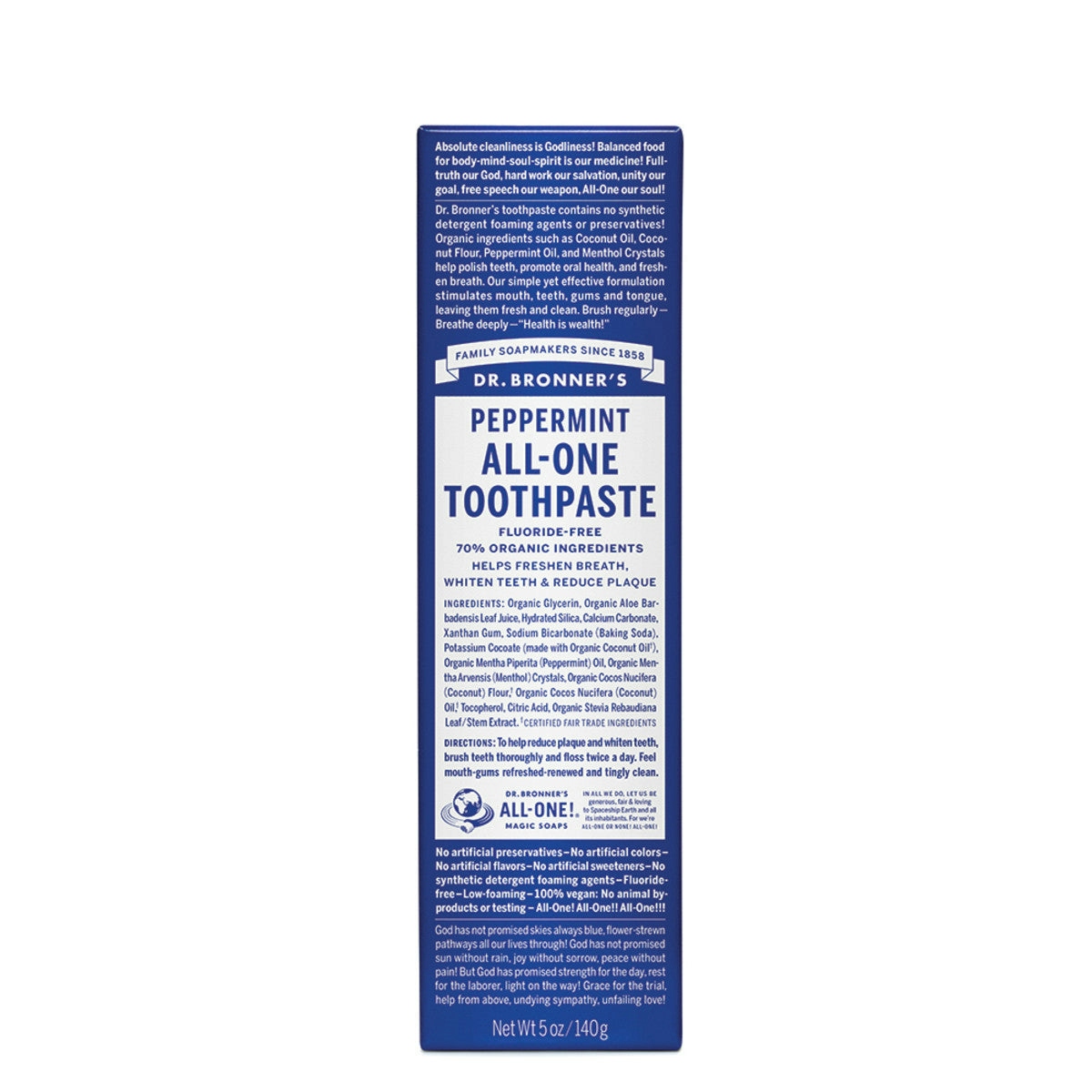 image of Dr. Bronner's Toothpaste All-One - Peppermint 140g on white background 