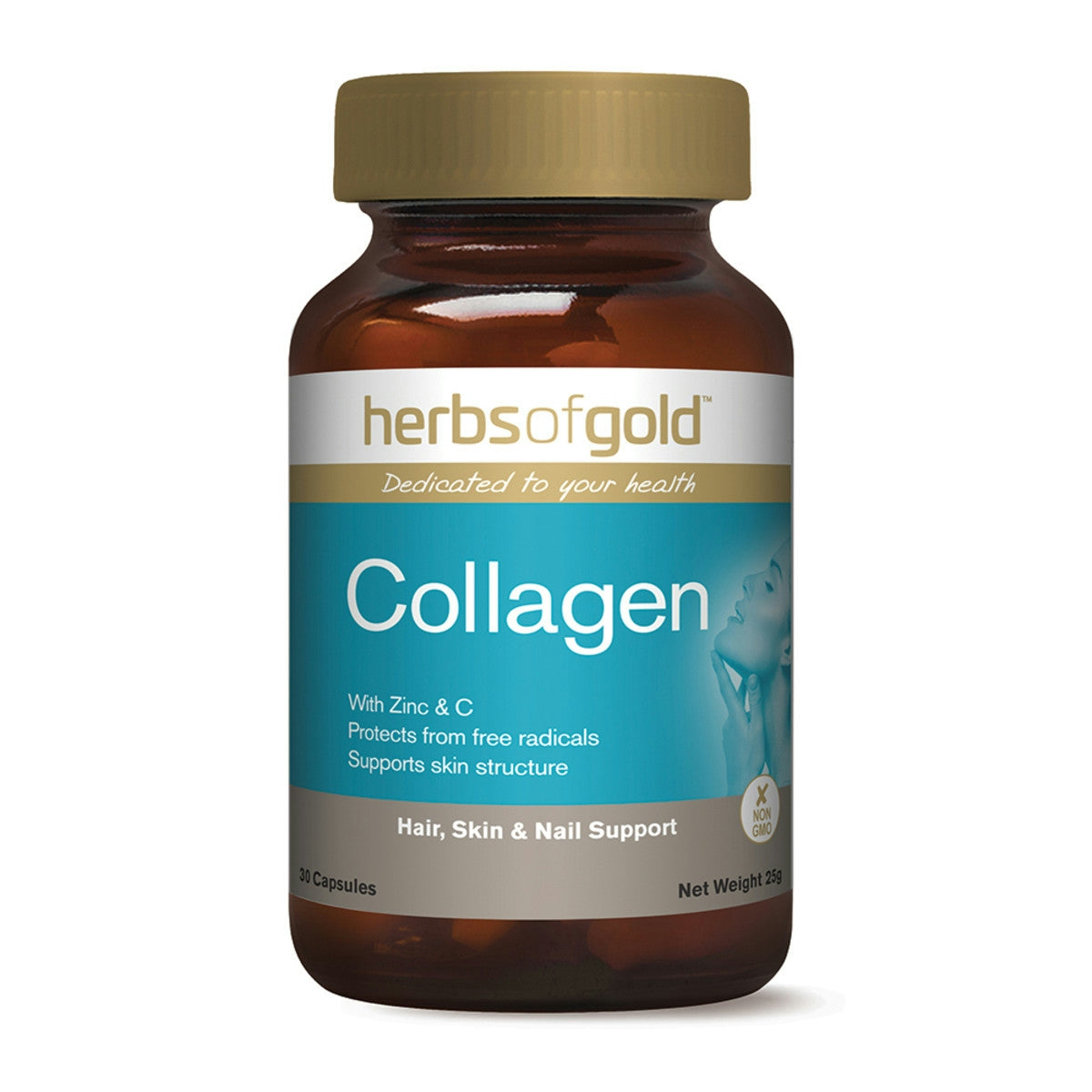 image of Herbs of Gold Collagen 30 capsules on white background 