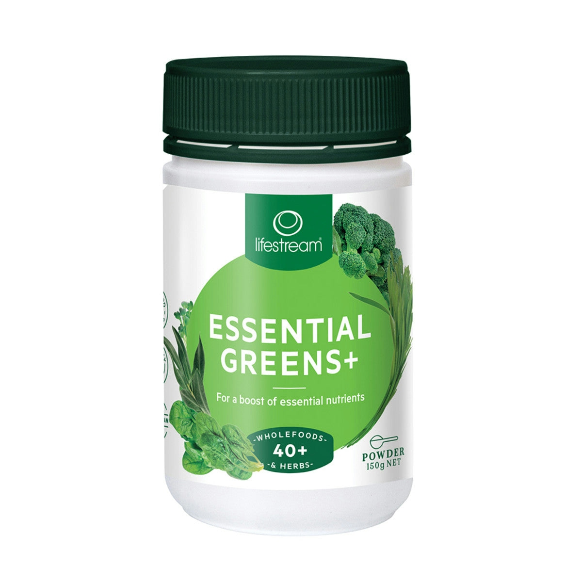 image of LifeStream Essential Greens+ 150g Powder on white background 