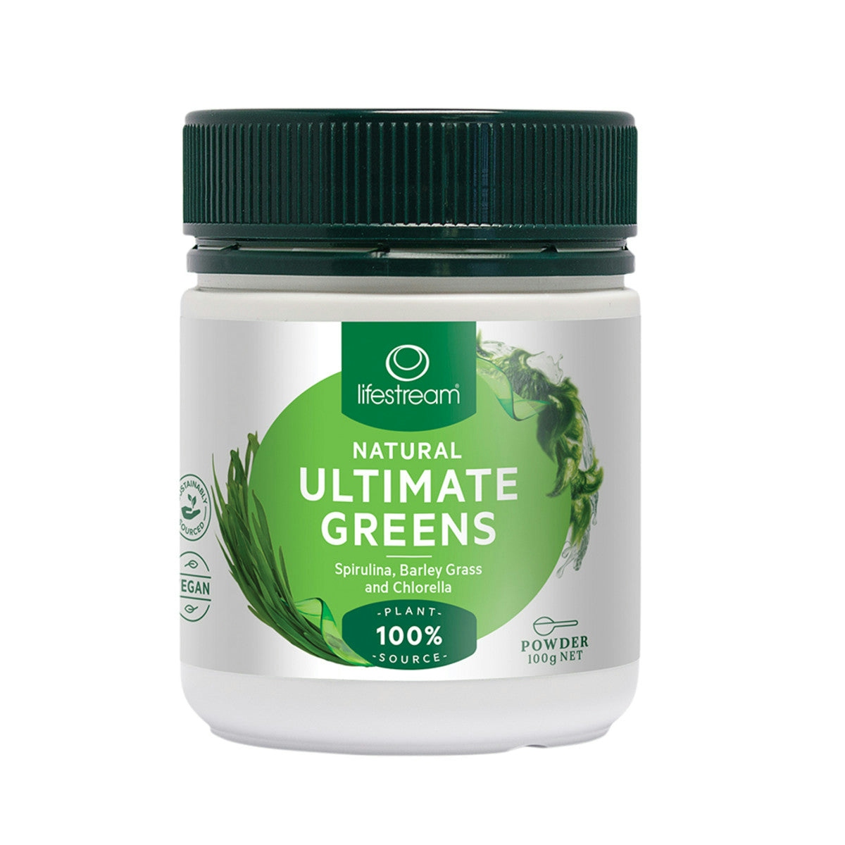 image of LifeStream Natural Ultimate Greens (spirulina, barley grass & chlorella) 100g on white background 