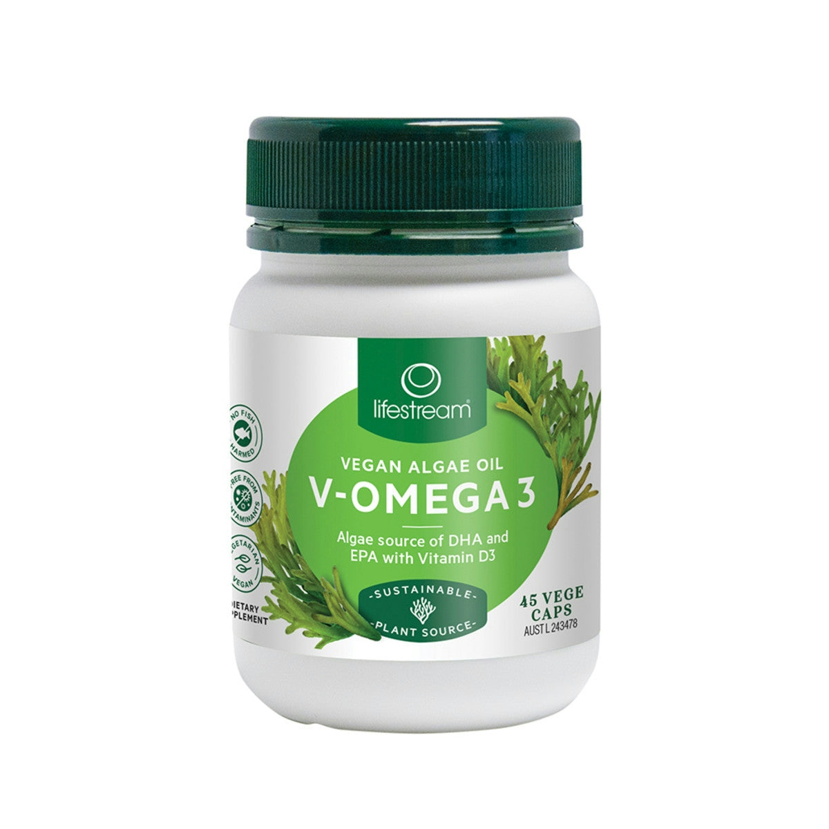image of LifeStream V-Omega 3 (Algae Source DHA, EPA & Vit D3) 45vc on white background 
