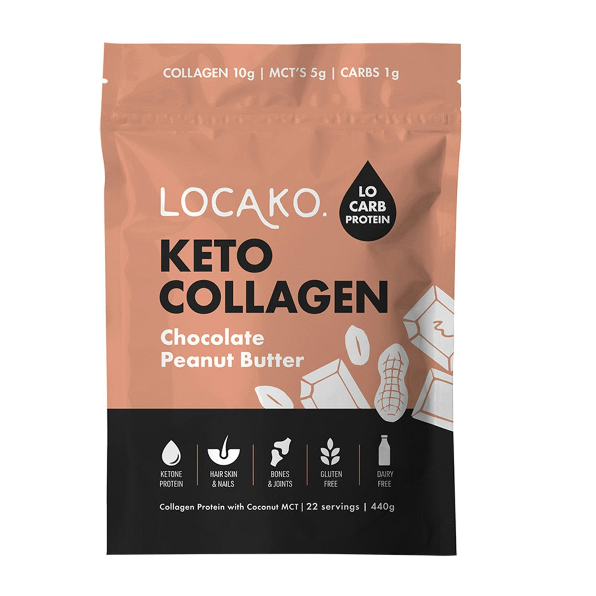 image of Locako Keto Collagen Chocolate Peanut Butter (Collagen Protein with Coconut MCT) 440g on white background 