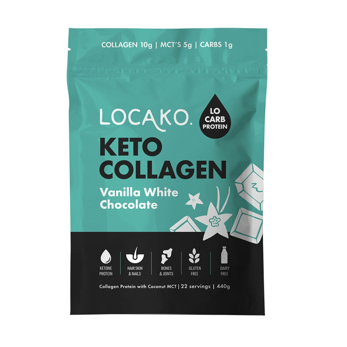 image of Locako Keto Collagen Vanilla White Chocolate (Collagen Protein with Coconut MCT) 440g on white background 