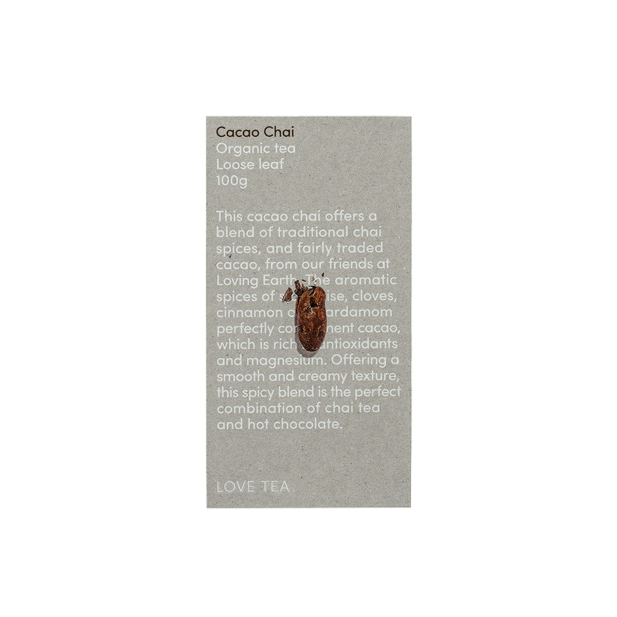 image of Love Tea Organic Cacao Chai Tea Loose Leaf 100g on white background 