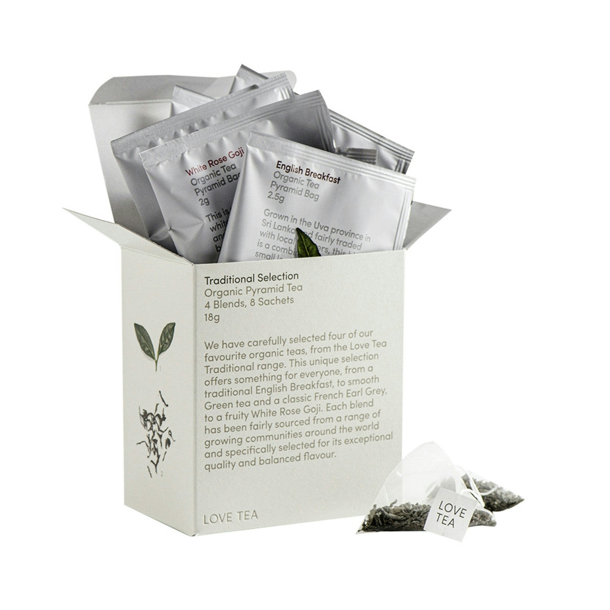 image of Love Tea Organic Traditional Selection x 8 Pyramids pot white background 