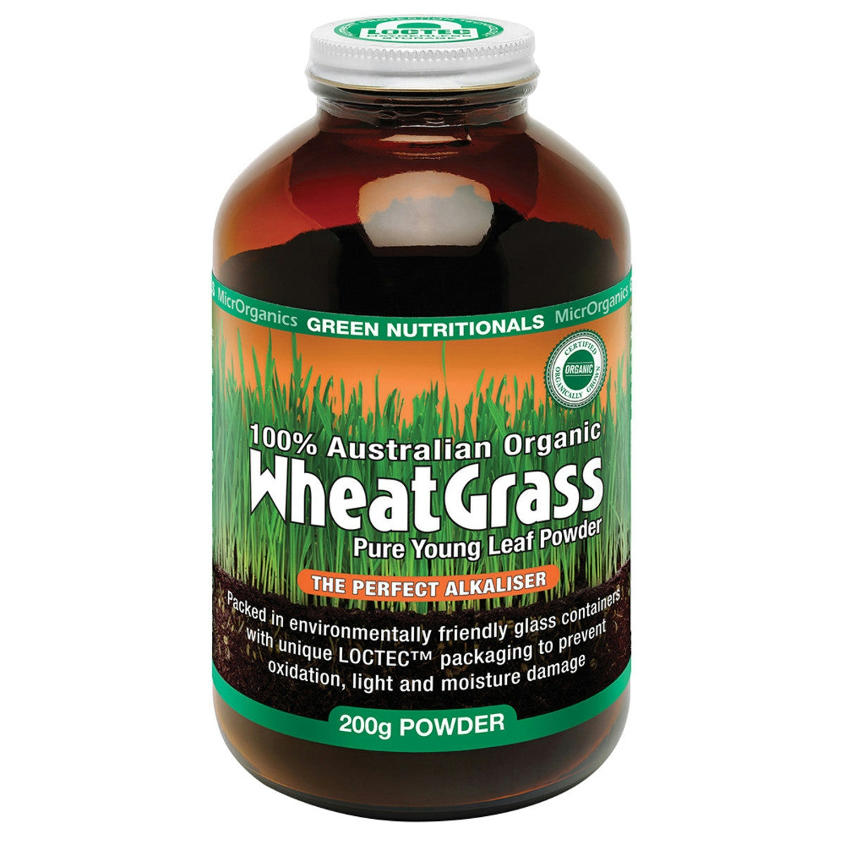 image of MicrOrganics Green Nutritionals Organic Australian WheatGrass 200g Powder on white background