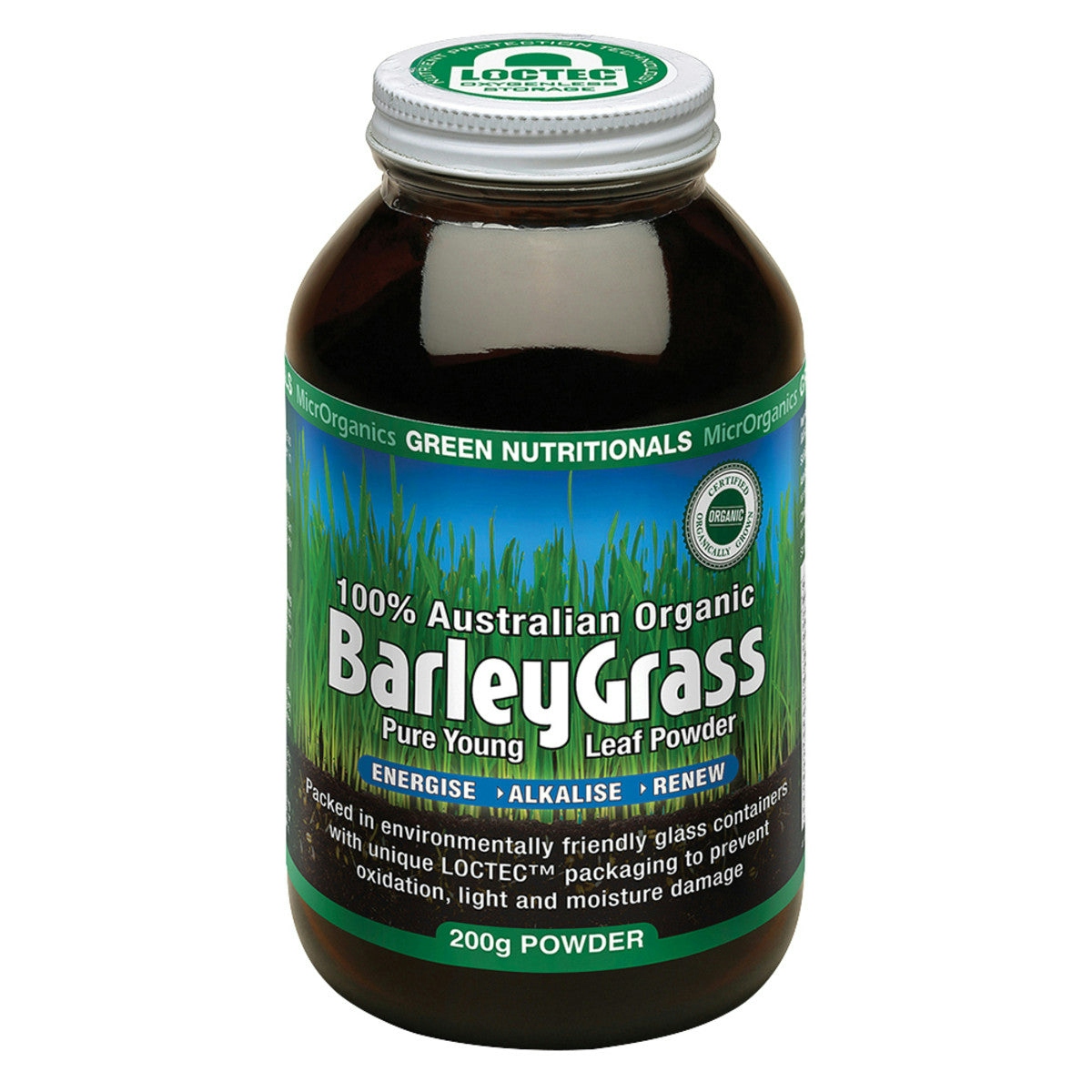 image of MicrOrganics Green Nutritionals Organic Australian BarleyGrass 200g Powder on white background