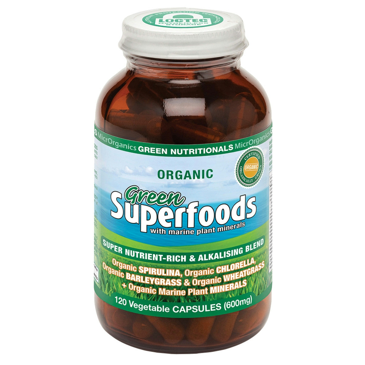 image of MicrOrganics Green Nutritionals Green Superfoods 600mg 120vc on white background