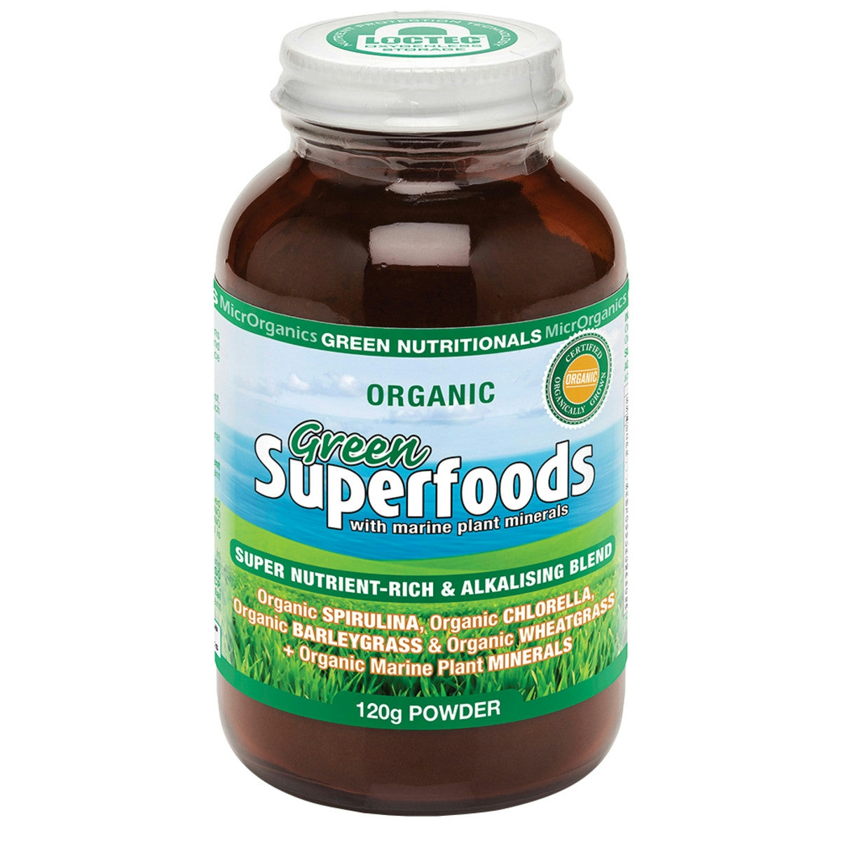 image of MicrOrganics Green Nutritionals Green Superfoods 120g Powder on white background 