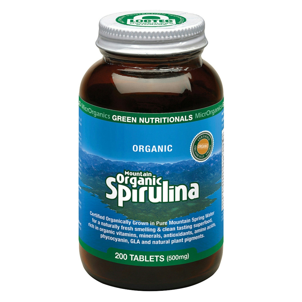 image of MicrOrganics Green Nutritionals Mountain Organic Spirulina 500mg 200t on white background 
