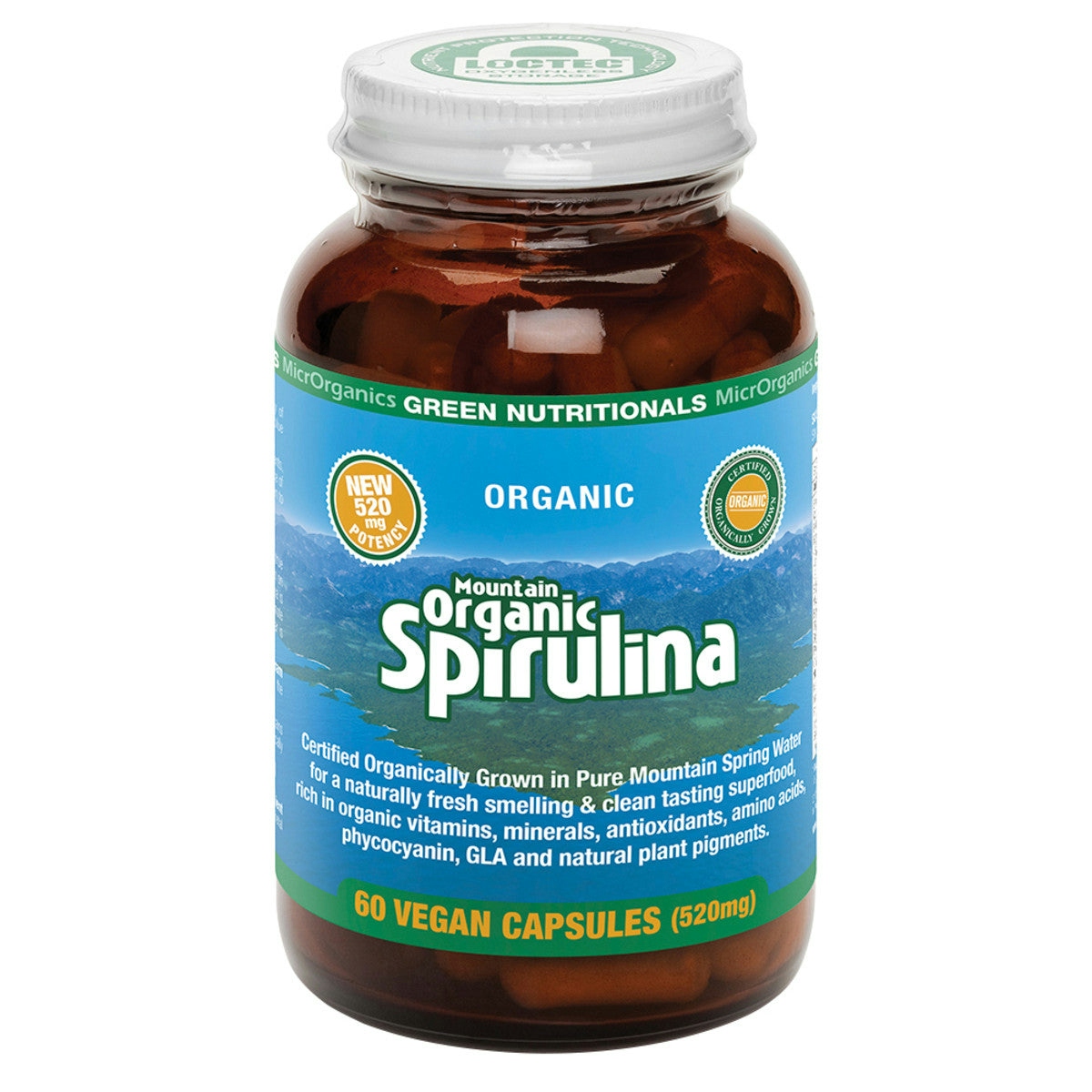 image of MicrOrganics Green Nutritionals Mountain Organic Spirulina 520mg 60vc on white background