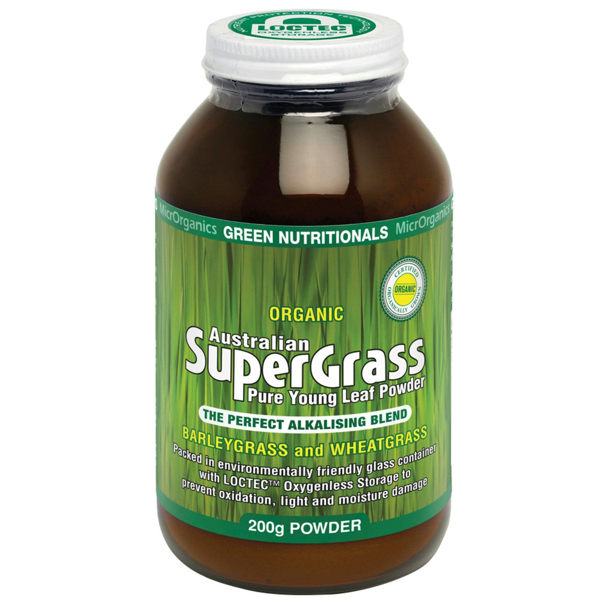 image of MicrOrganics Green Nutritionals Organic Australian SuperGrass 200g Powder on white background