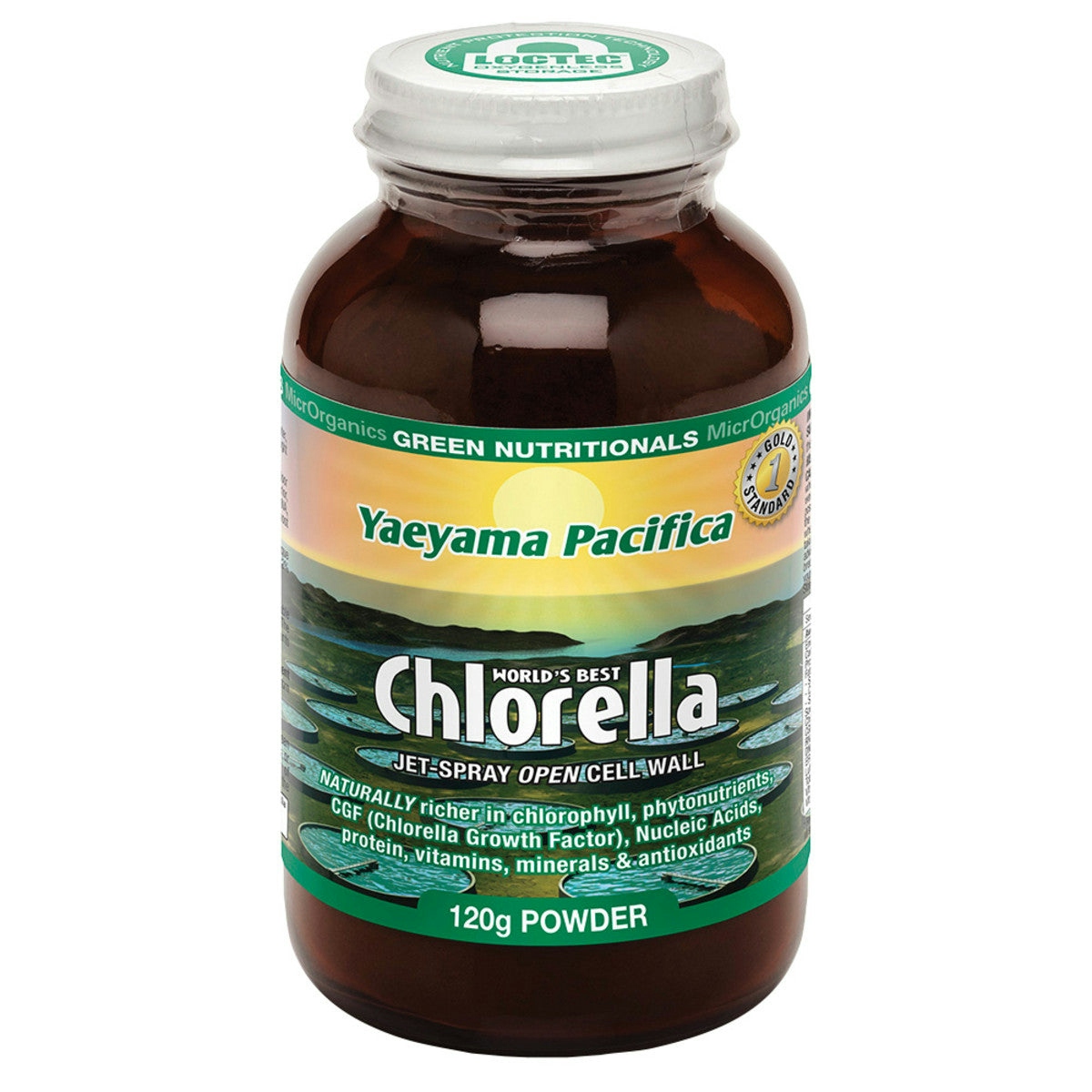 image of MicrOrganics Green Nutritionals Yaeyama Pacifica Chlorella 120g Powder on white background 