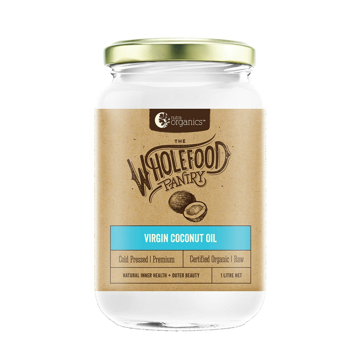 image of Nutra Organics Wholefood Pantry Organic Cold Pressed Virgin Coconut Oil 1L on white background 