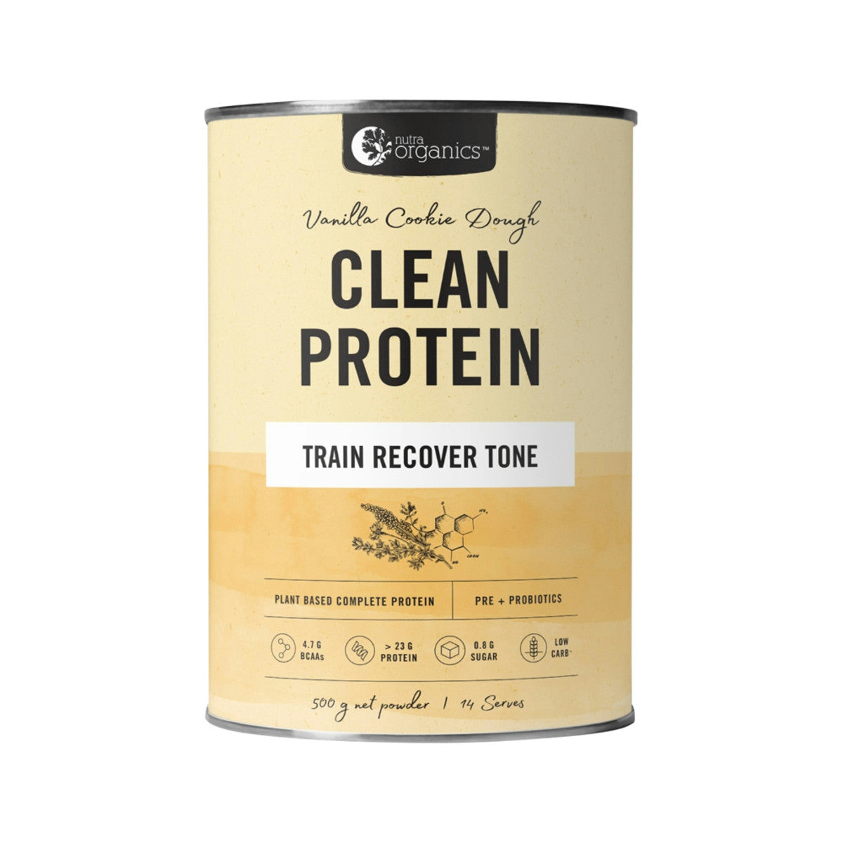 image of Nutra Organics Clean Protein Vanilla Cookie Dough 500g on white background 