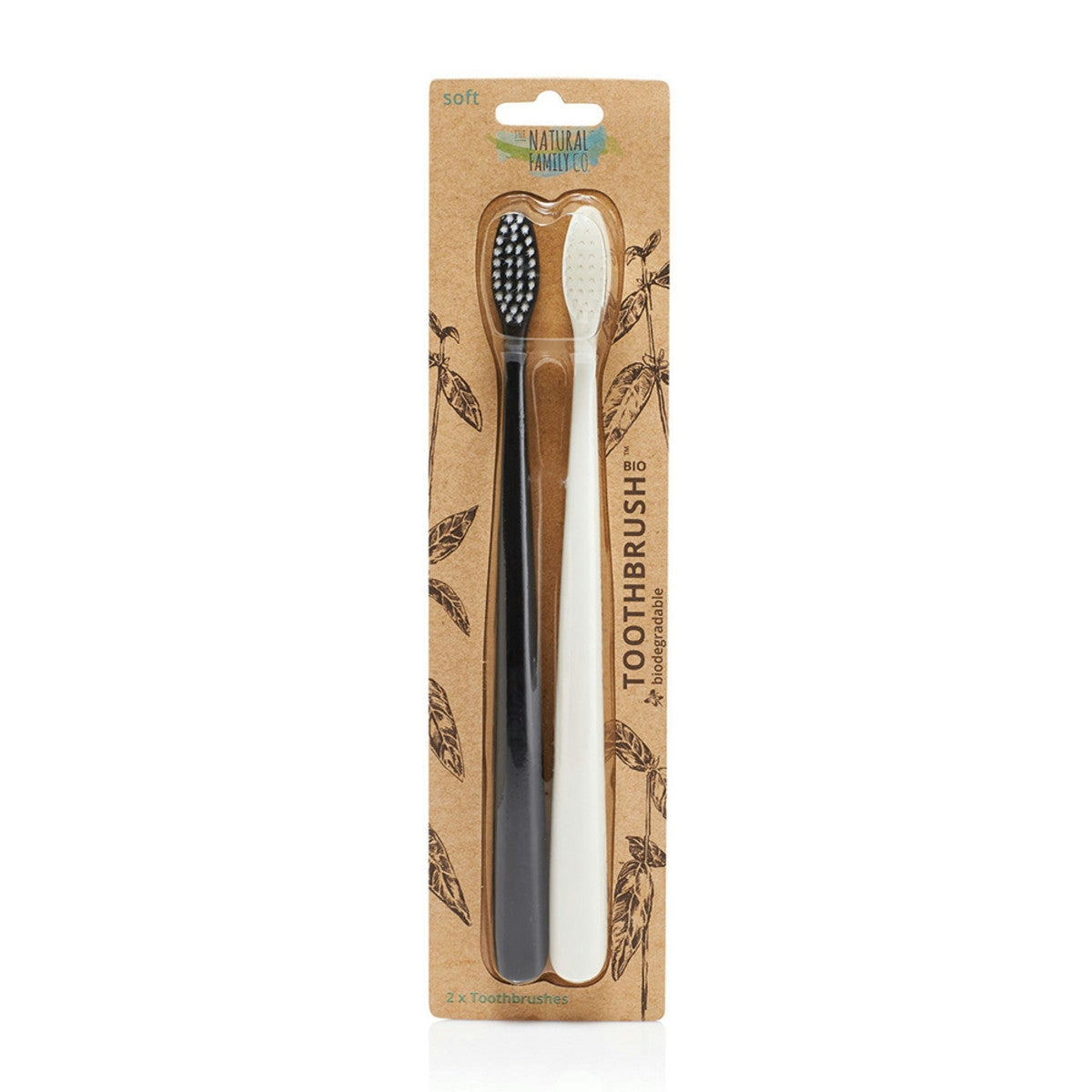 image of The Natural Family Co. Bio Toothbrush Ivory Desert & Pirate Black Twin Pack on white background