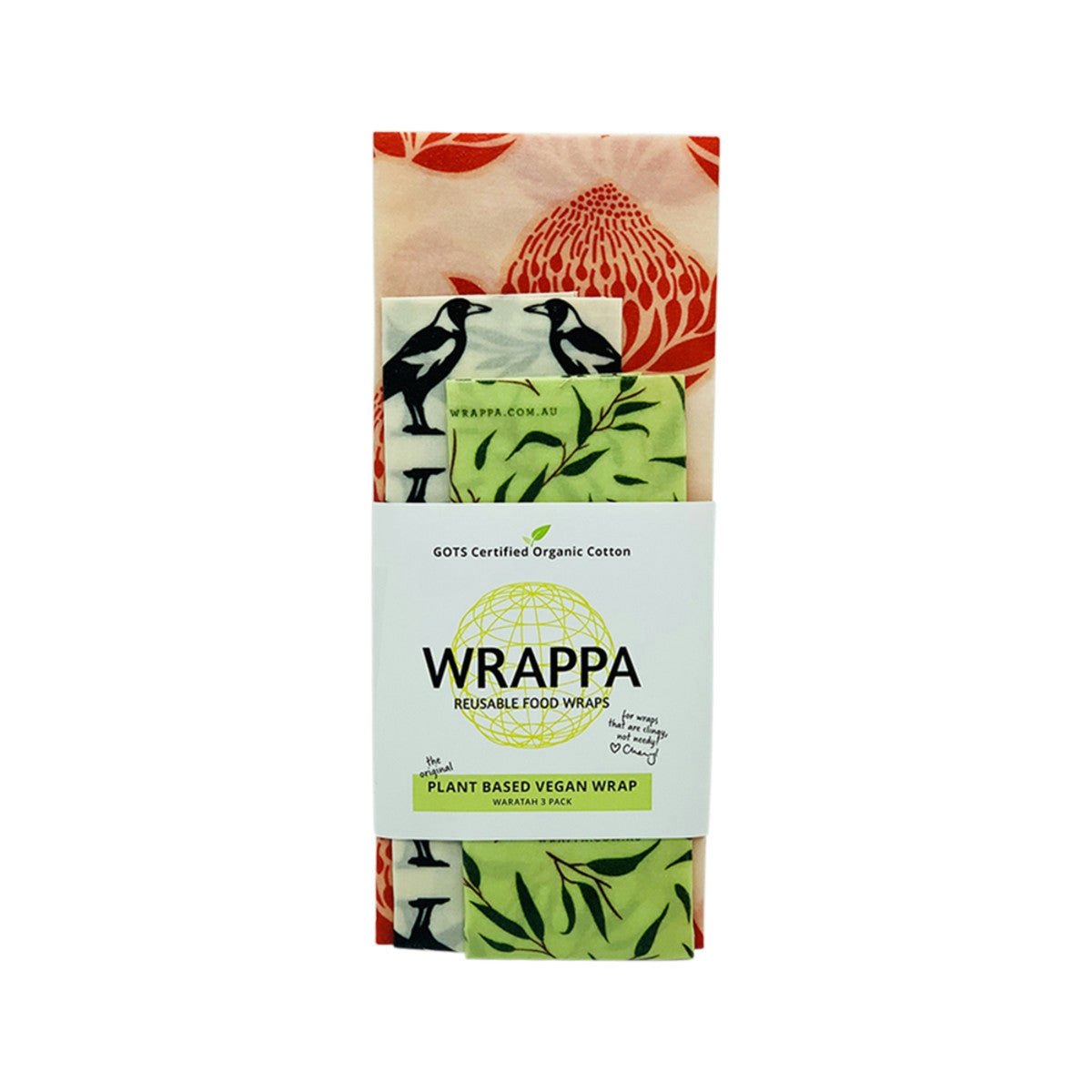 image of WRAPPA Reusable Food Wrap Vegan Waratah x 3 Pack on white background