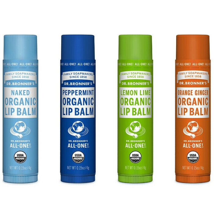 image of Dr. Bronner's Organic Lip Balm 4g all four flavours on white background 