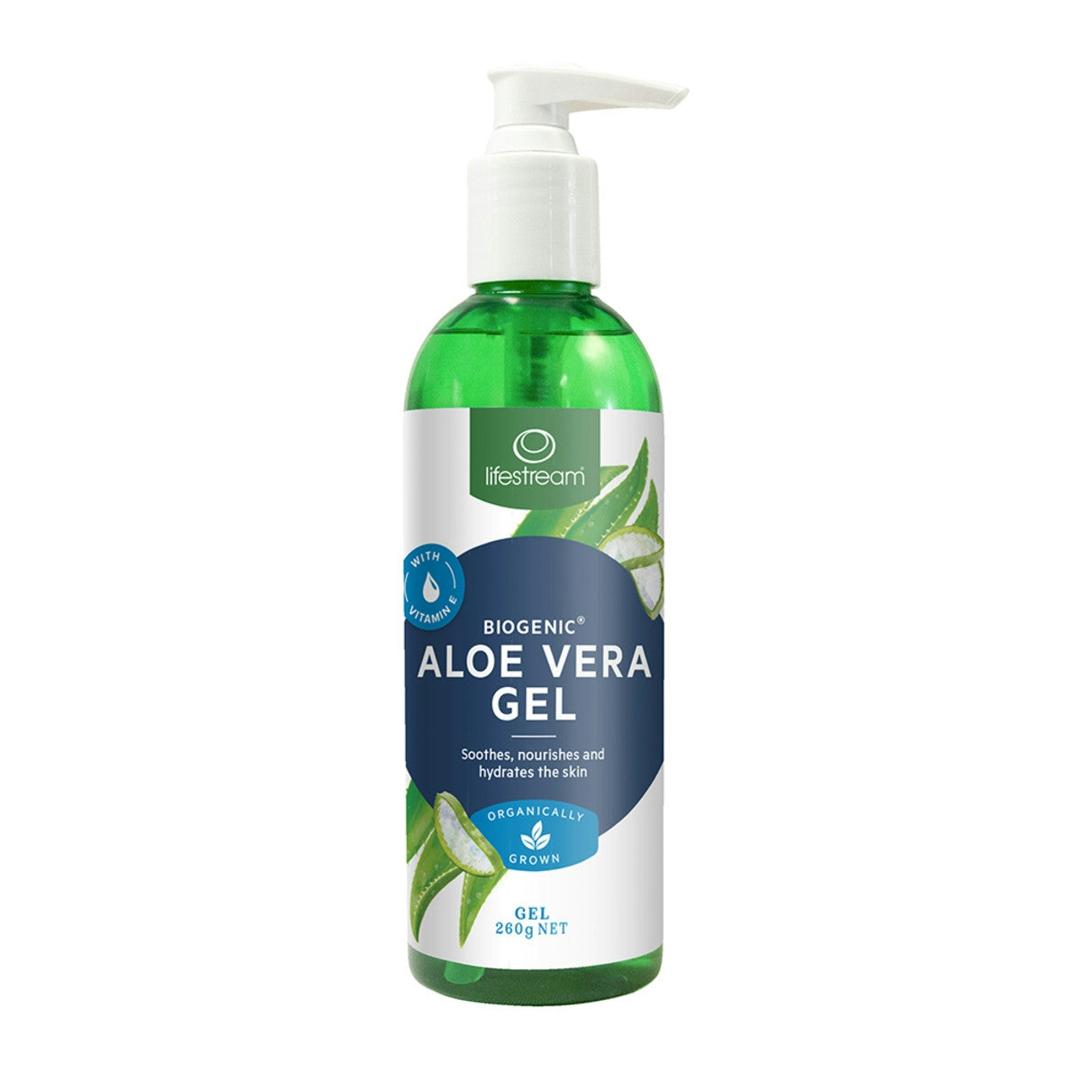 image of LifeStream Biogenic Aloe Vera Gel with Vitamin E 260g Pump on white background 