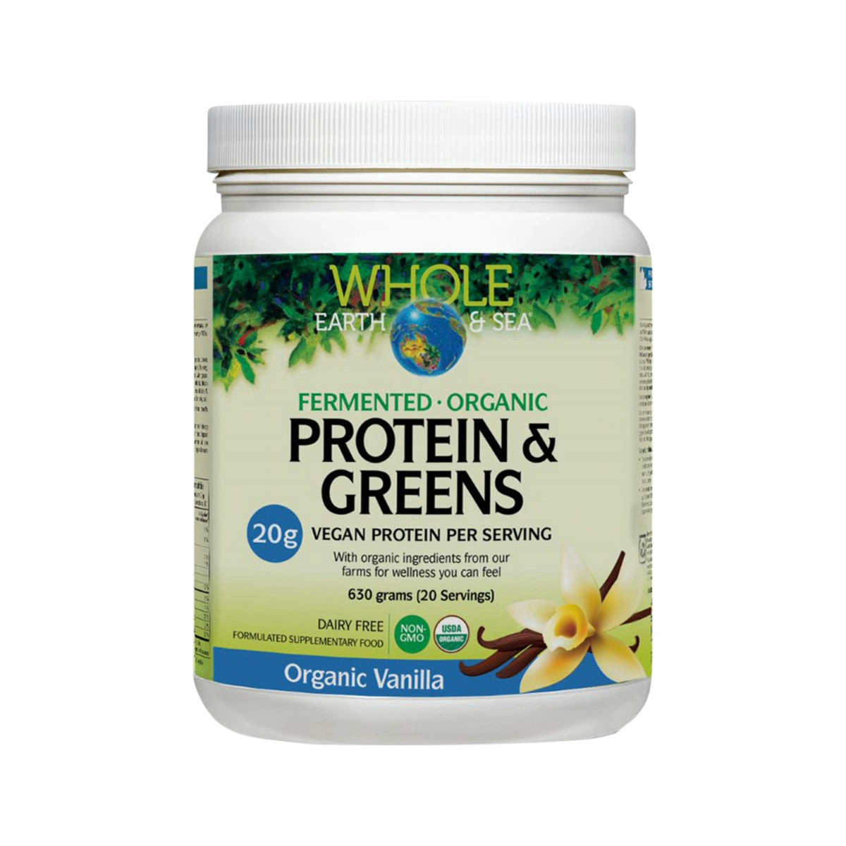 image of Whole Earth & Sea Protein & Greens Organic Vanilla 630g on white background 