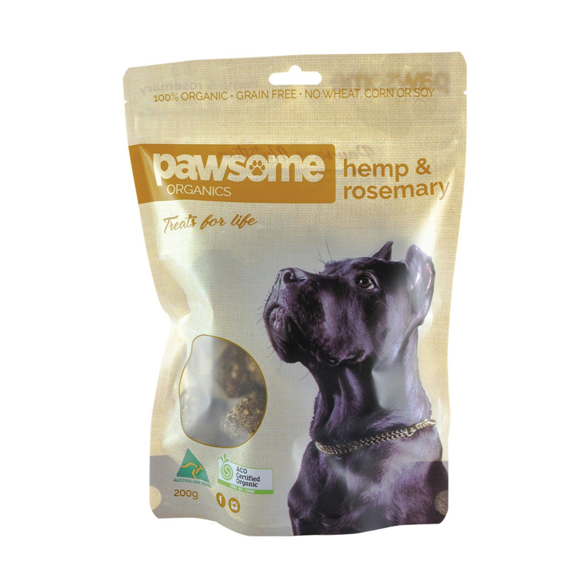 image of Pawsome Organics Pet Treats Hemp & Rosemary 200g on white background 
