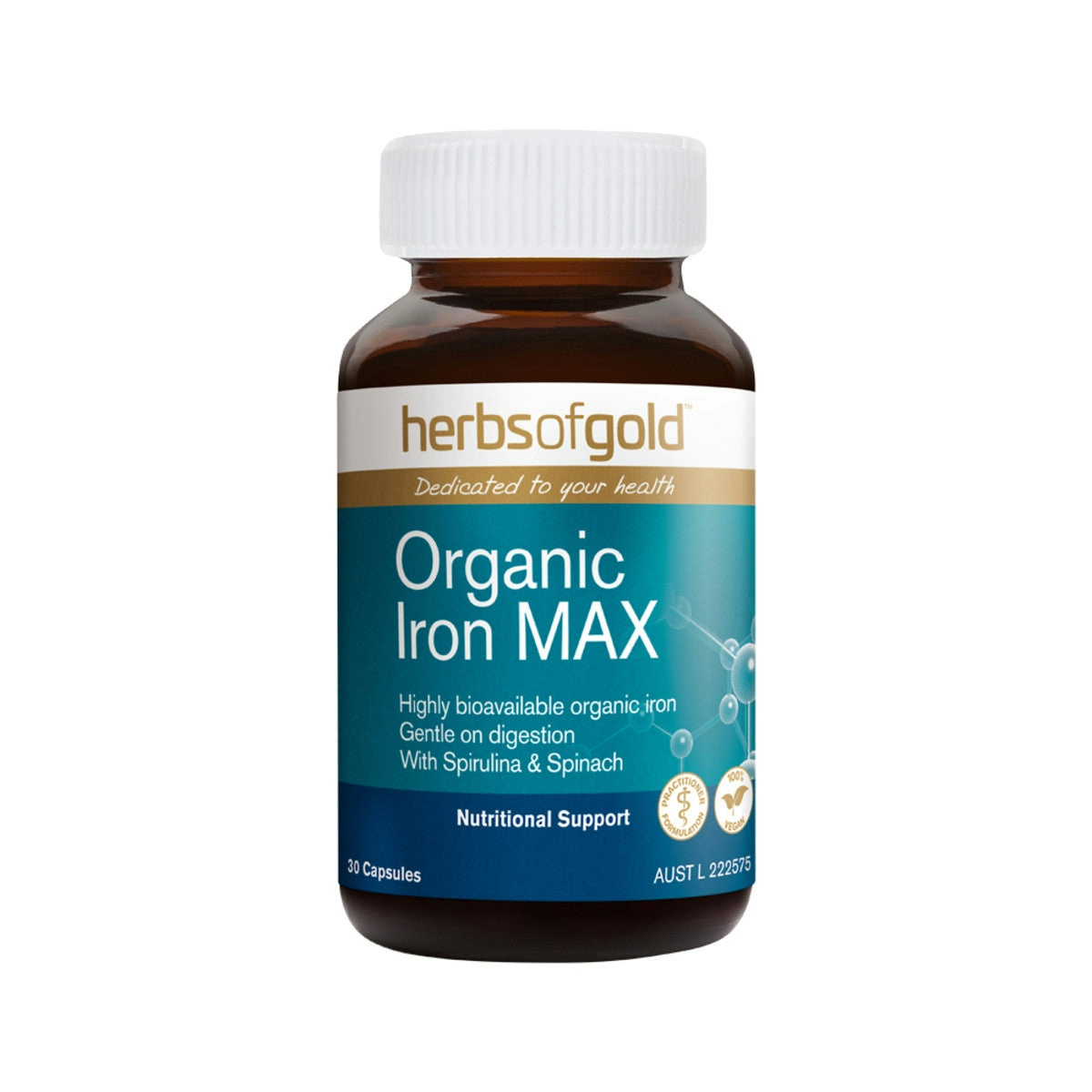 image of Herbs Of Gold Organic Iron MAX 30 vegie caps on white background 
