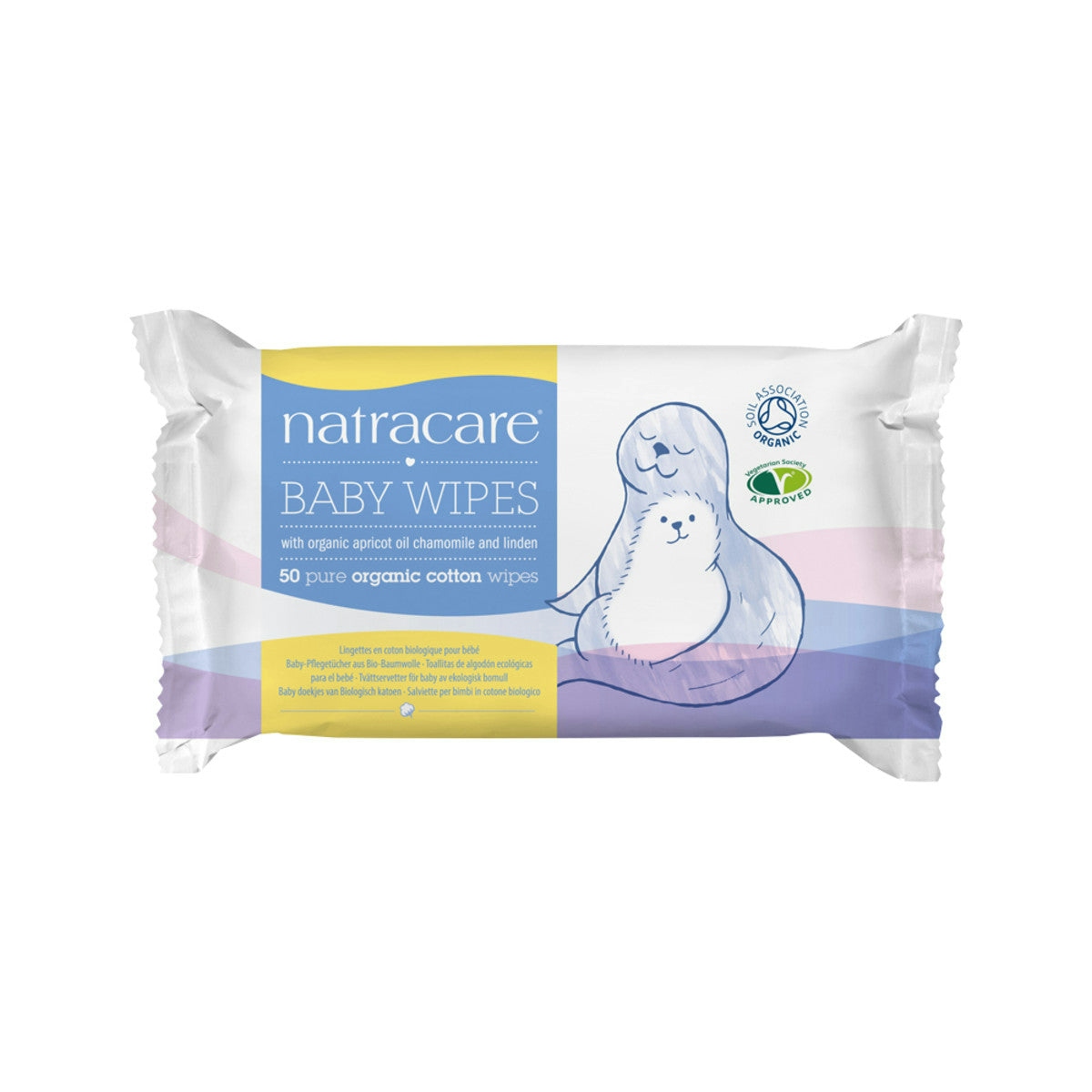 image of Natracare Organic Cotton Baby Wipes with Organic Apricot Oil, Chamomile & Linden x 50 Pack on white background 