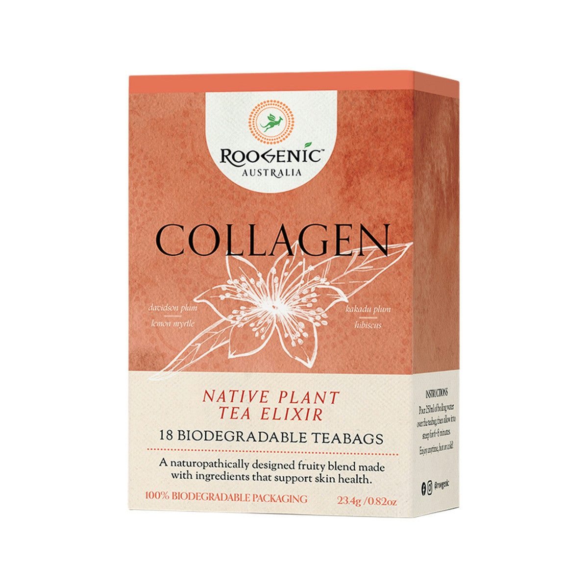 image of Roogenic Australia Collagen Native Plant Tea Elixir x 18 Tea Bags with white background 