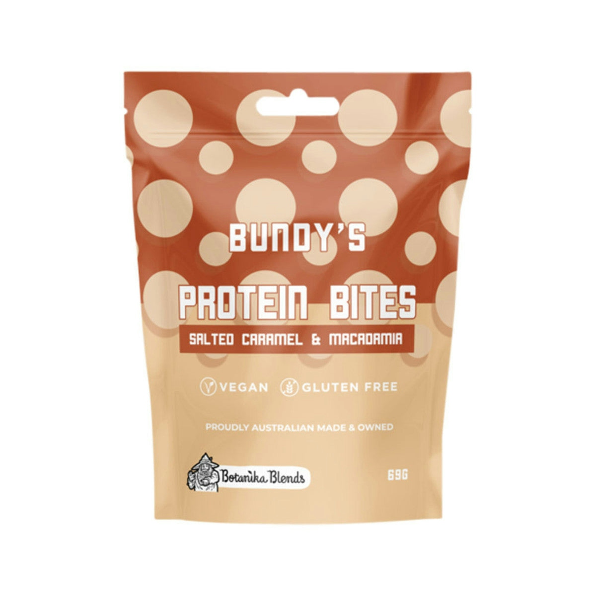image of Bundys Protein Bites Salted Caramel and Macadamia 69g on white background 