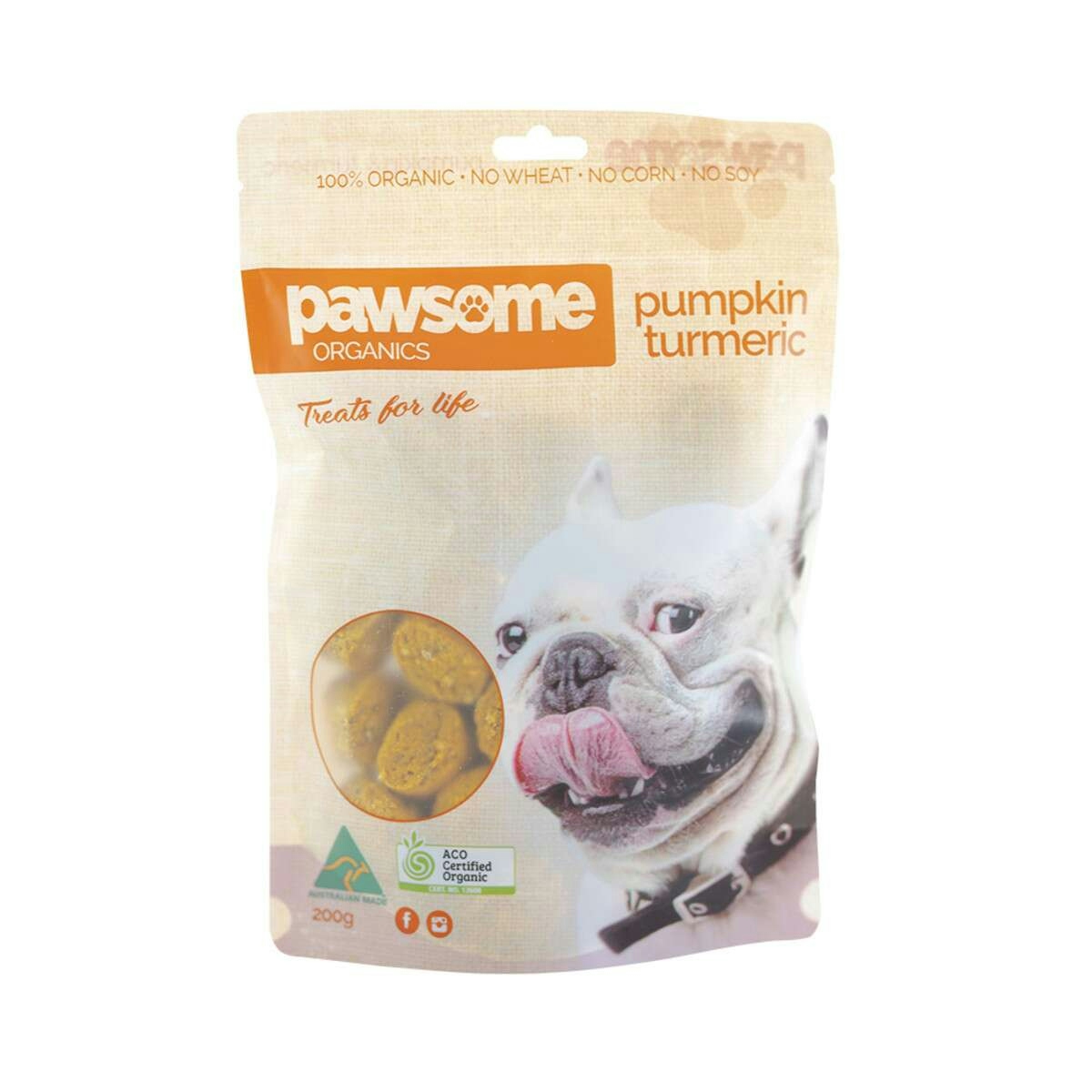 image of Pawsome Organics Pet Treats Pumpkin & Turmeric 200g on white background 