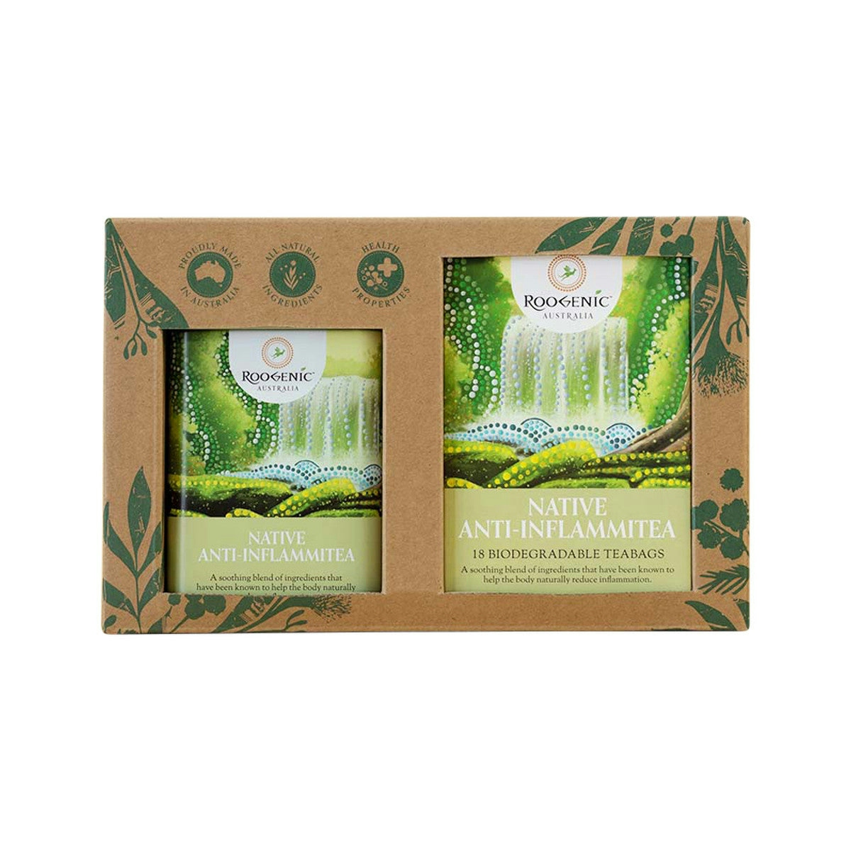 image of Roogenic Australia Gift Box Anti-inflammitea x 18 Tea Bags with Anti-Inflammatory Tin with white background