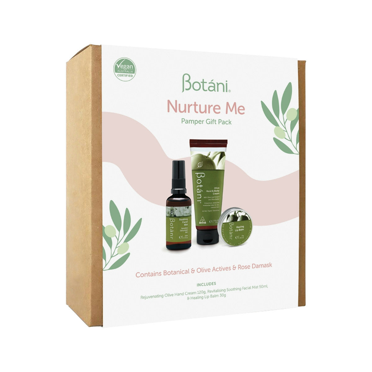 image of Botani Nurture Me Pamper Gift Pack (contains: Olive Hand Cream, Healing Lip Balm & Soothing Facial Mist) on white background