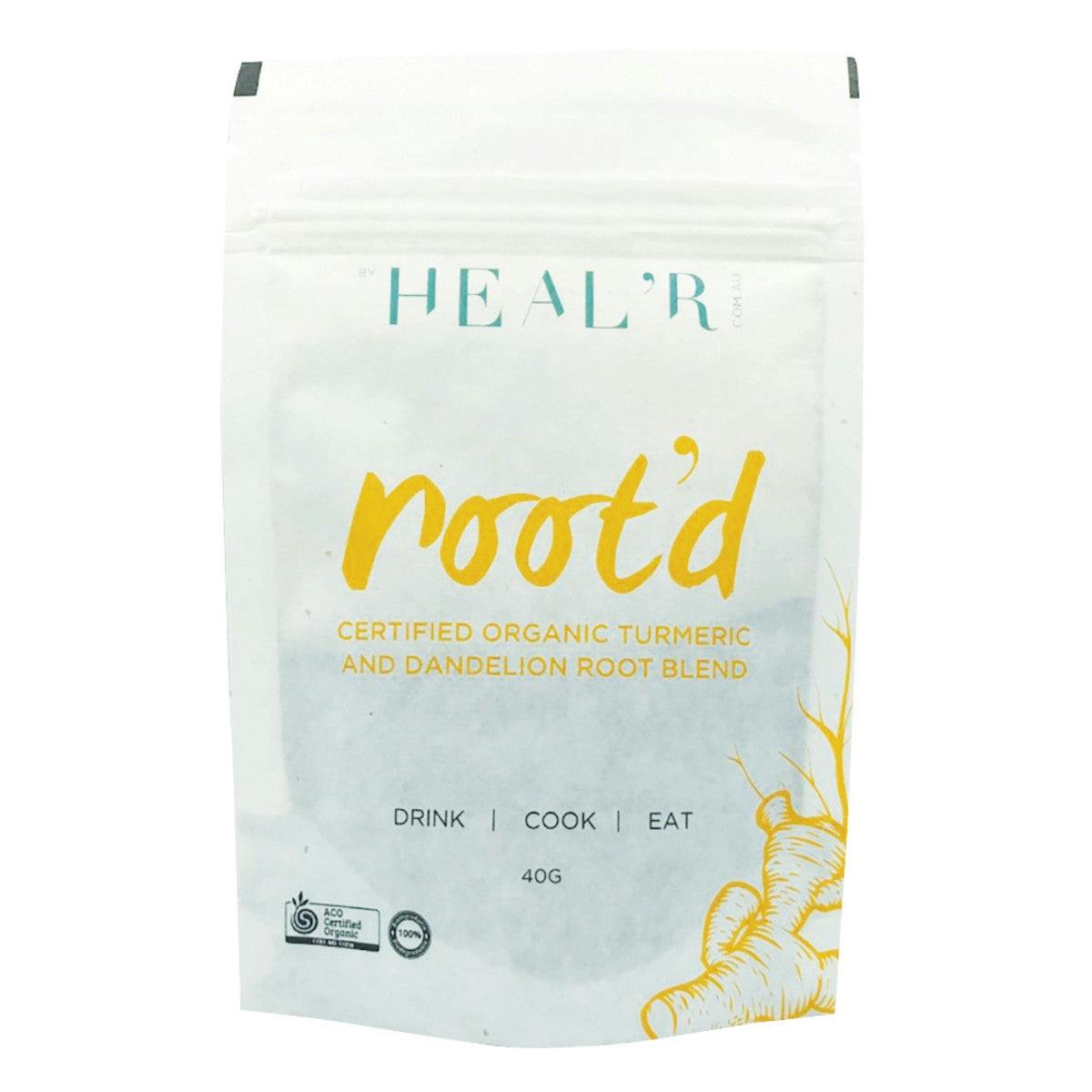 image of Heal'r Root'd (Organic Turmeric Spice Blend with Dandelion Root) 40g on white background 