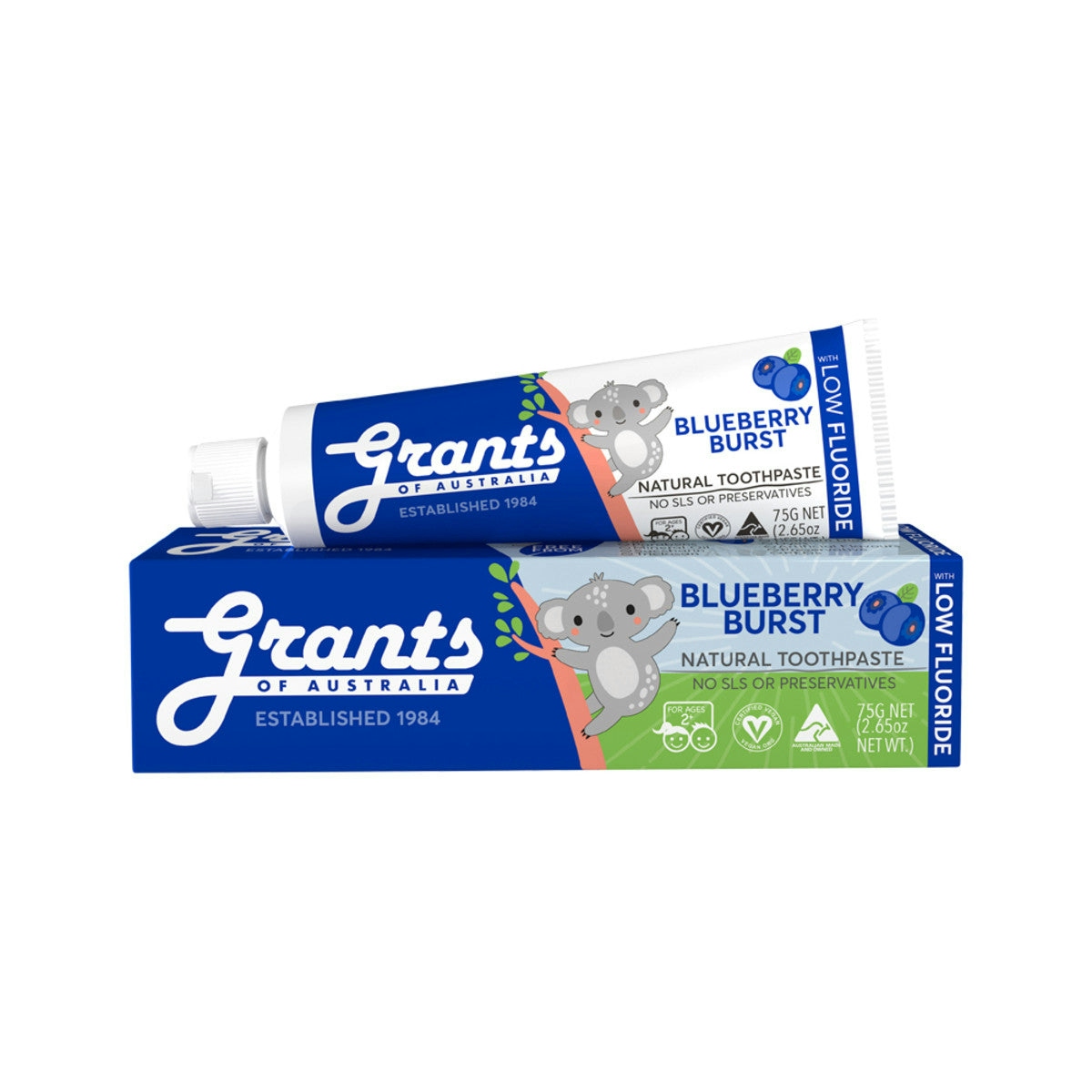 image of Grants Natural Toothpaste Kids Blueberry Burst with Low Fluoride 75g on white background 