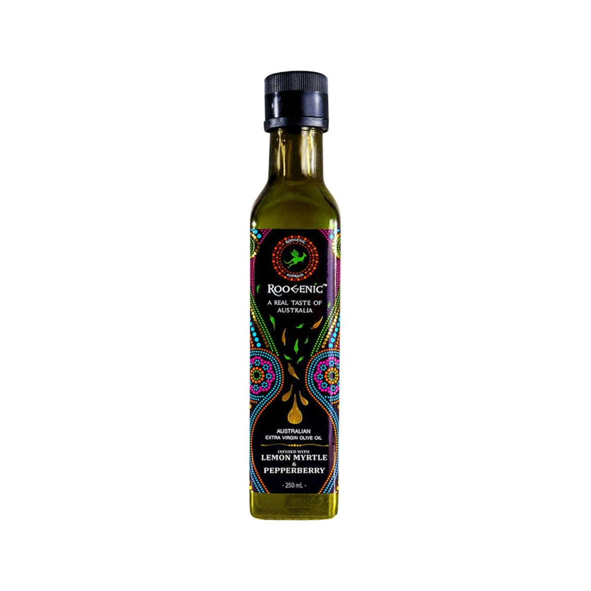 image of Roogenic Australia Australian Extra Virgin Olive Oil Infused With lemon Myrtle & Pepperberry 250ml with white background 