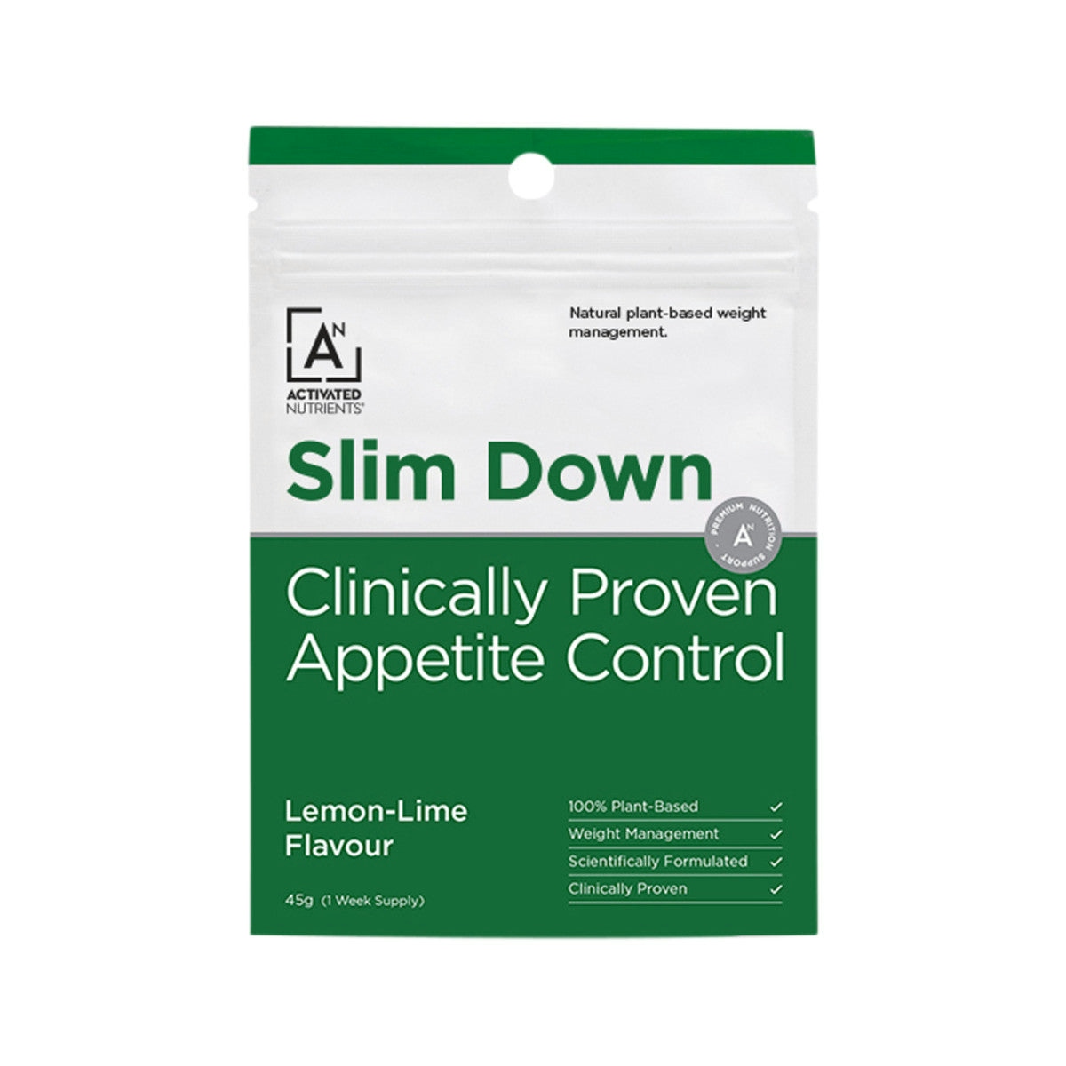 image of Activated Nutrients Slim Down (Clinically Proven Appetite Control) Lemon-Lime 45g on white background 
