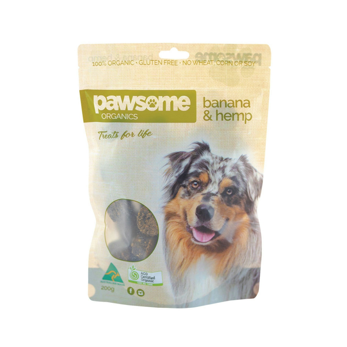image of Pawsome Organics Pet Treats Banana & Hemp 200g on white background 